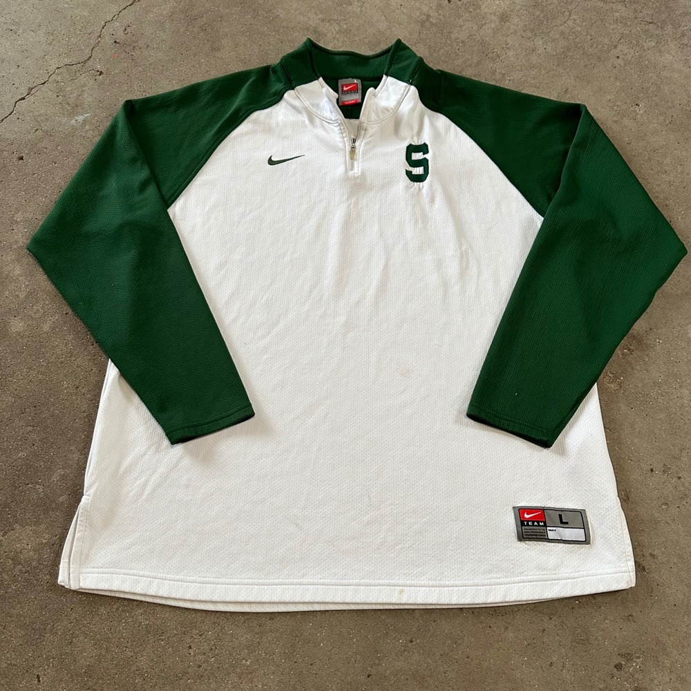 Vintage Nike Quarter Zip Pullover Mens L White Green Michigan State MSU Spartans